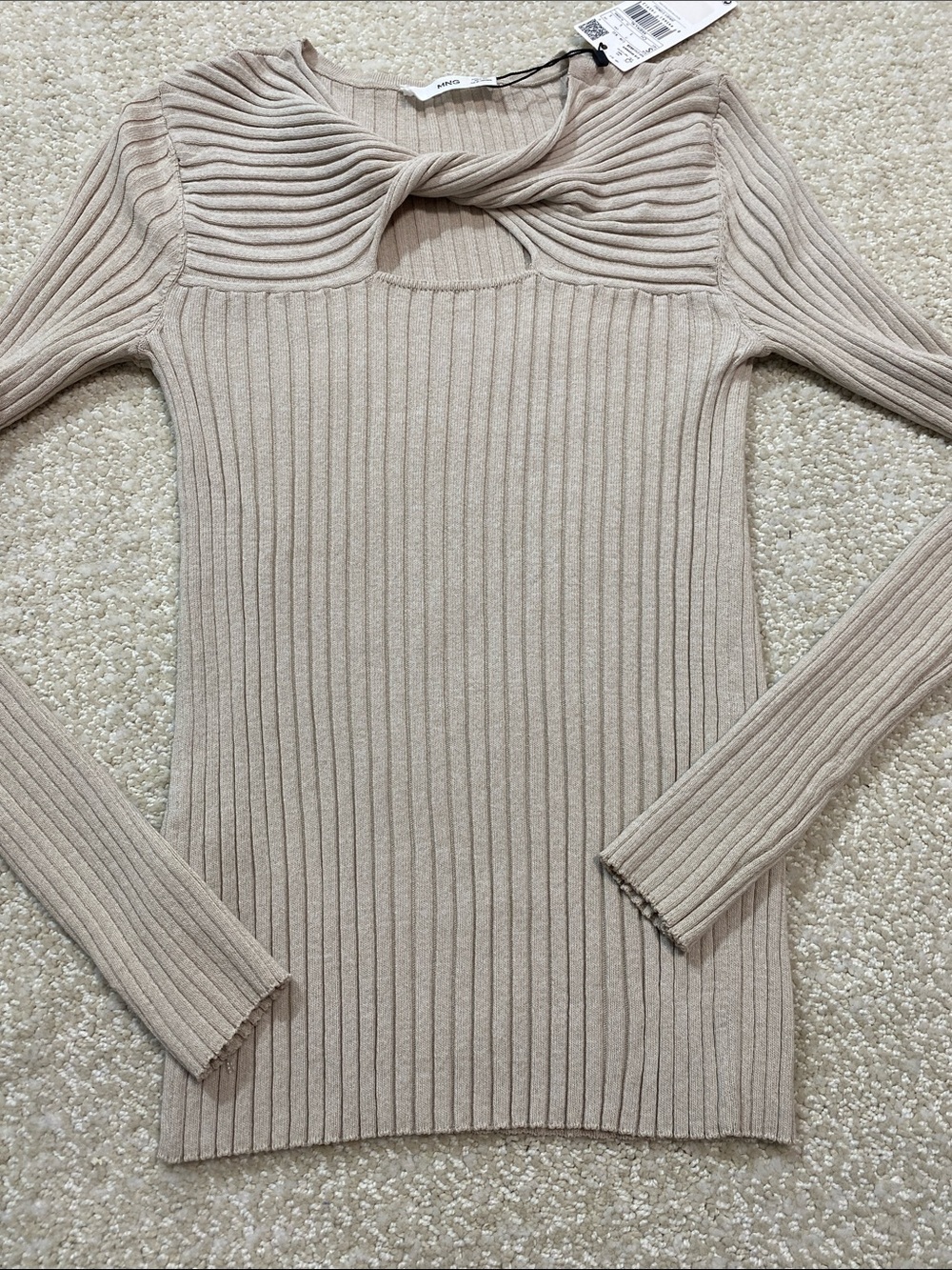 Mango Cream Ribbed Twist Keyhole Long Sleeve Top Size S Shell Viscose - Picture 11 of 11